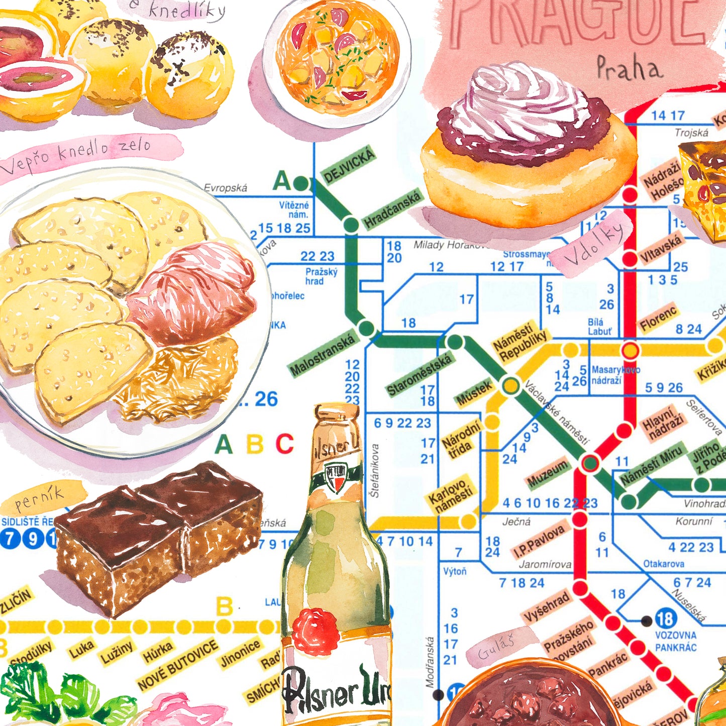 Plan du Métro de Prague illustré par la Cuisine Tchèque