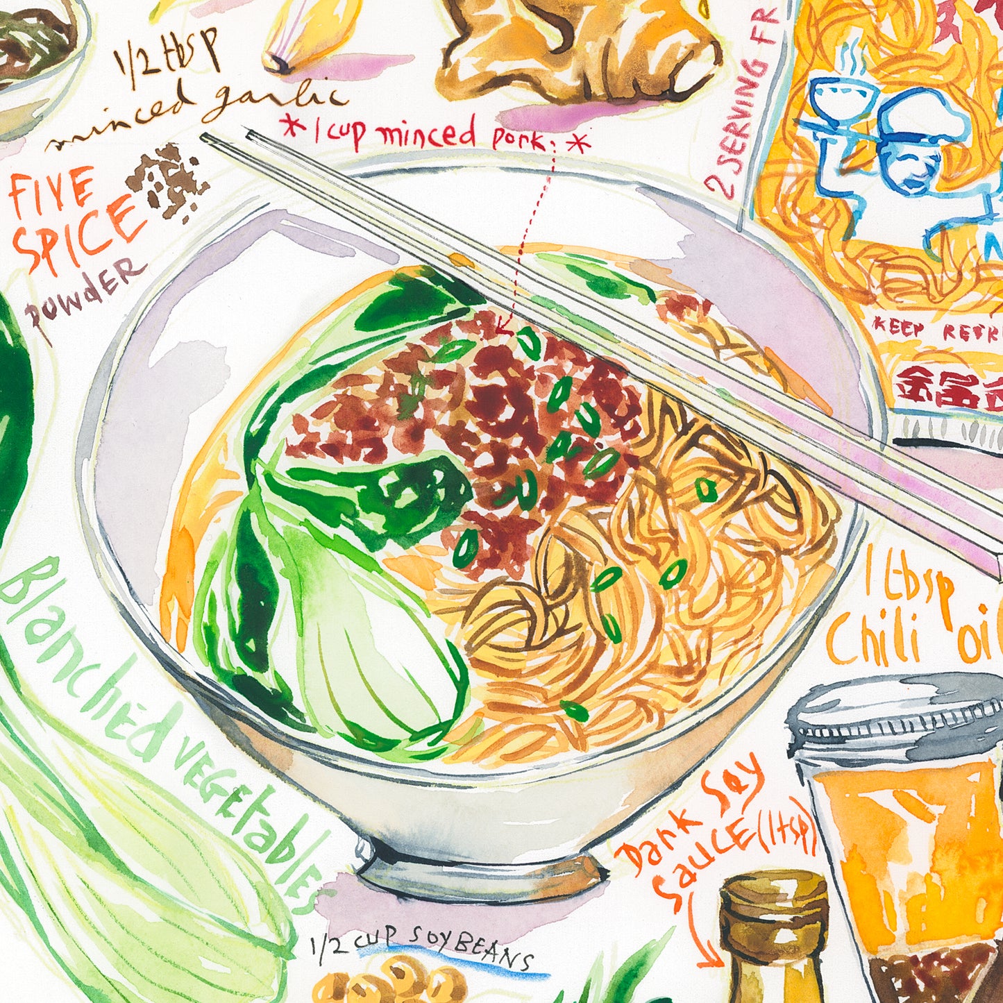 Chinese Dan Dan noodles recipe. Original watercolor painting