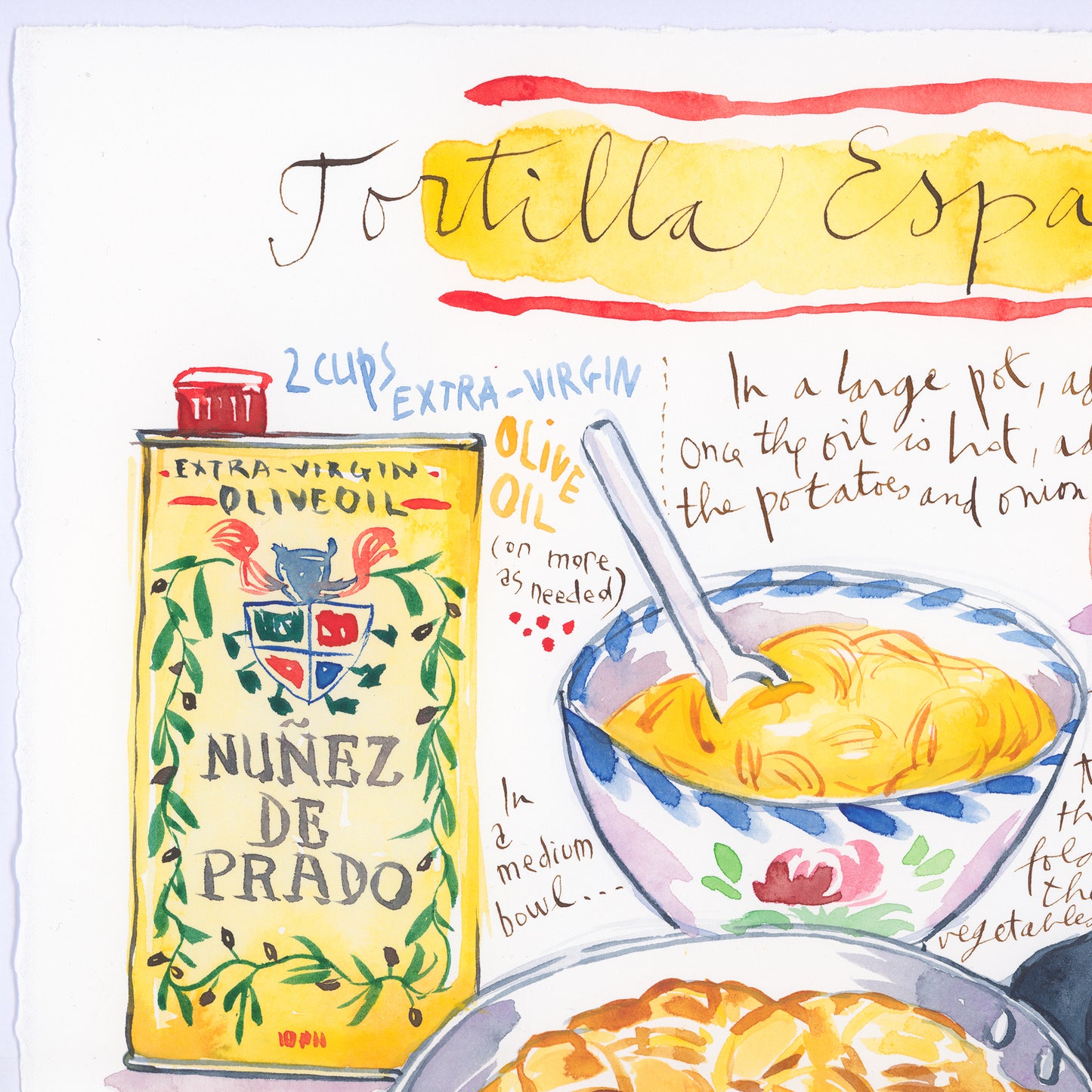 Tortilla Espanola recipe. Original watercolor painting