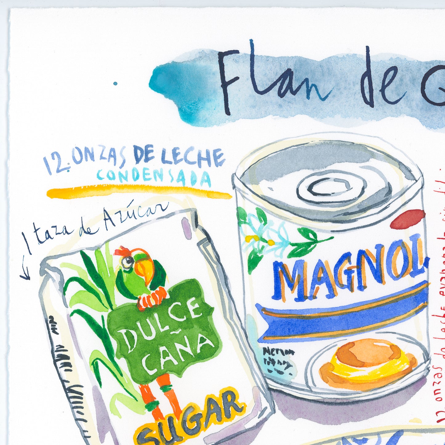 Puerto Rico Flan de Queso recipe. Original watercolor painting