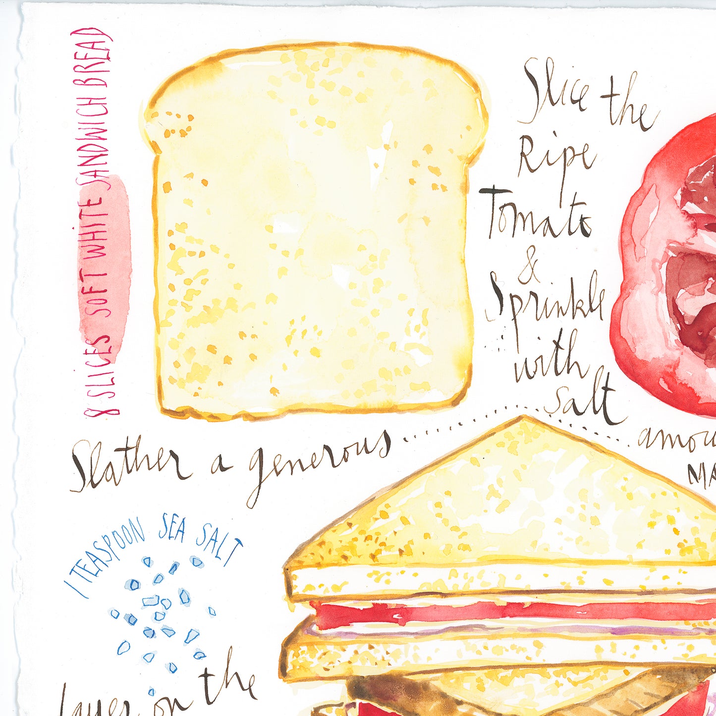 Tomato sandwich recipe. Original watercolor painting