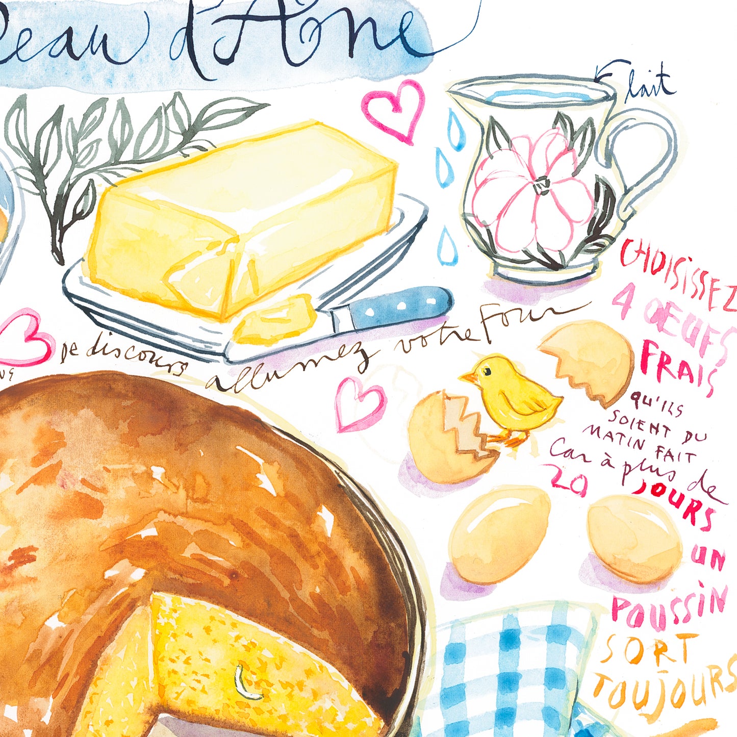 La recette du Cake d'Amour de Peau d'Âne. Original watercolor painting