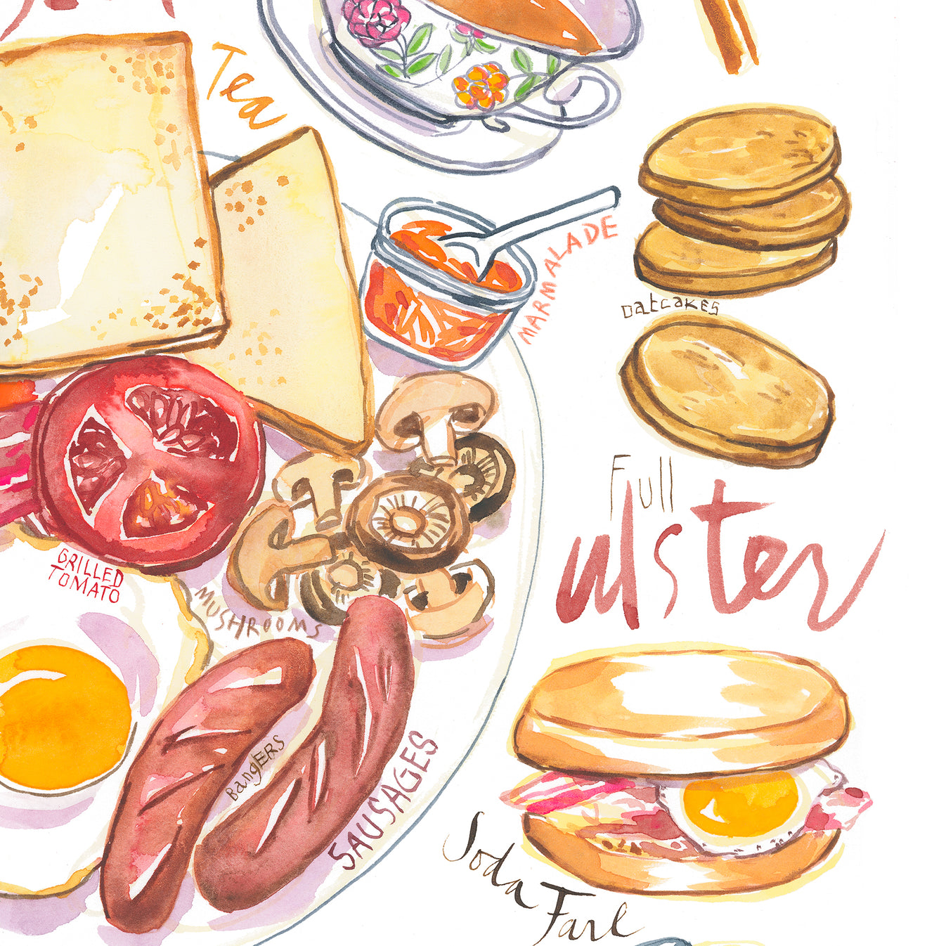 Full English Breakfast watercolor painting poster, British food print ...