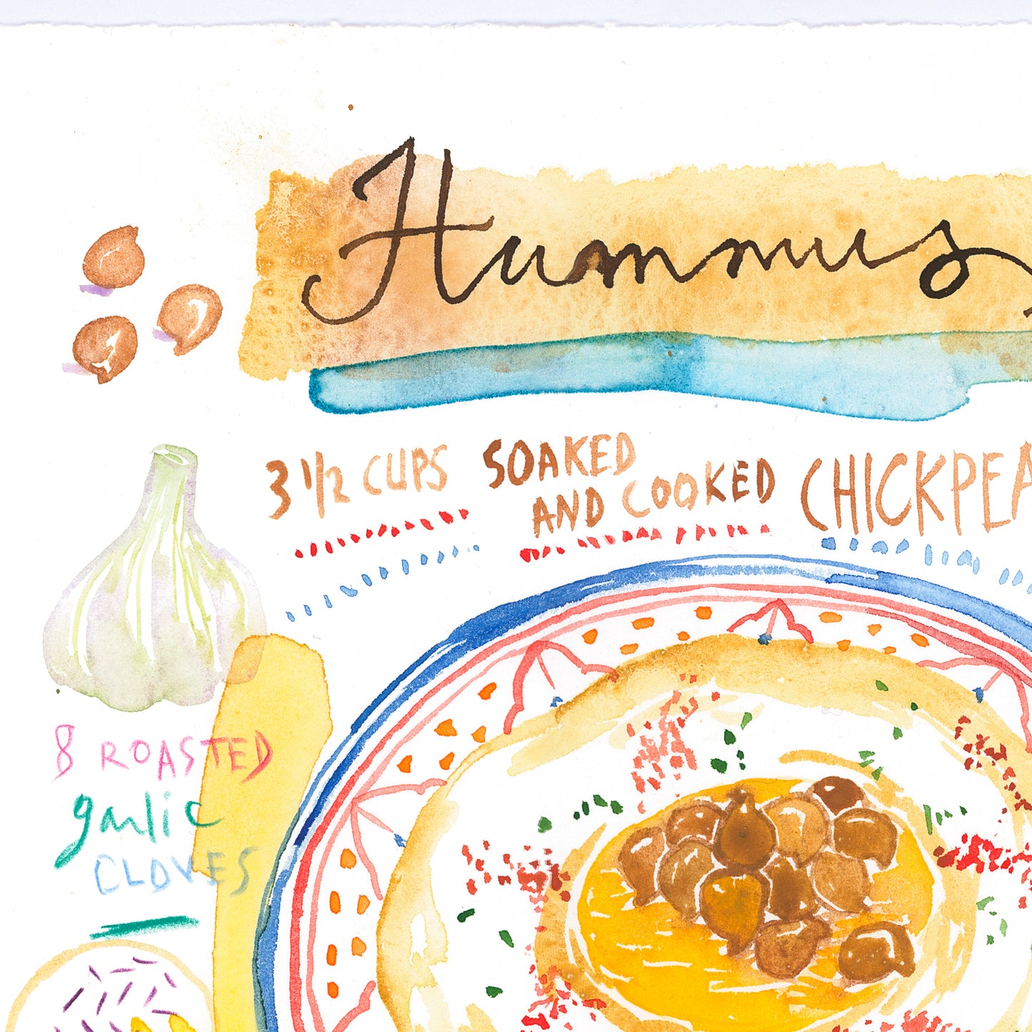Hummus recipe - Original watercolor painting