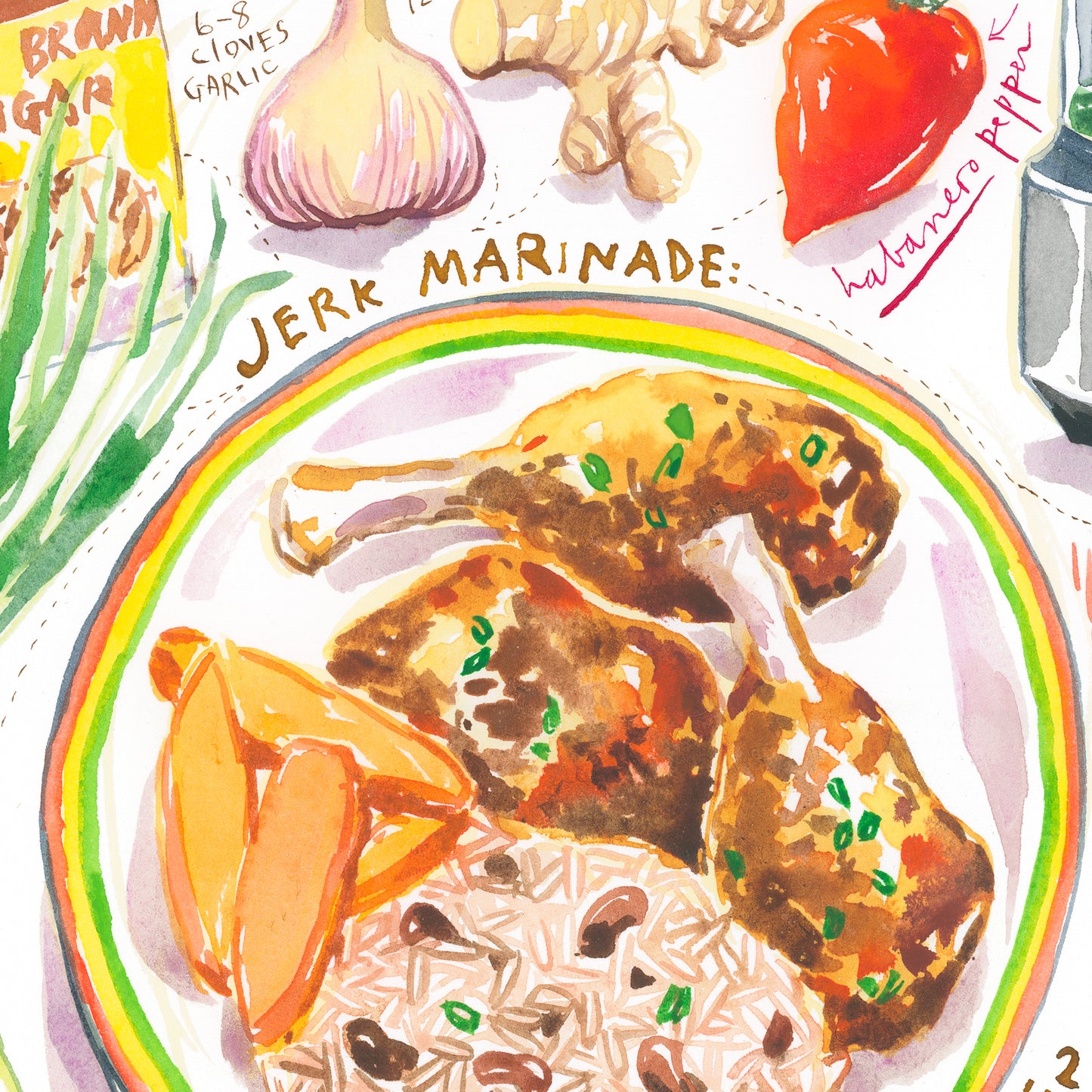 Jerk Chicken recipe. Original watercolor painting