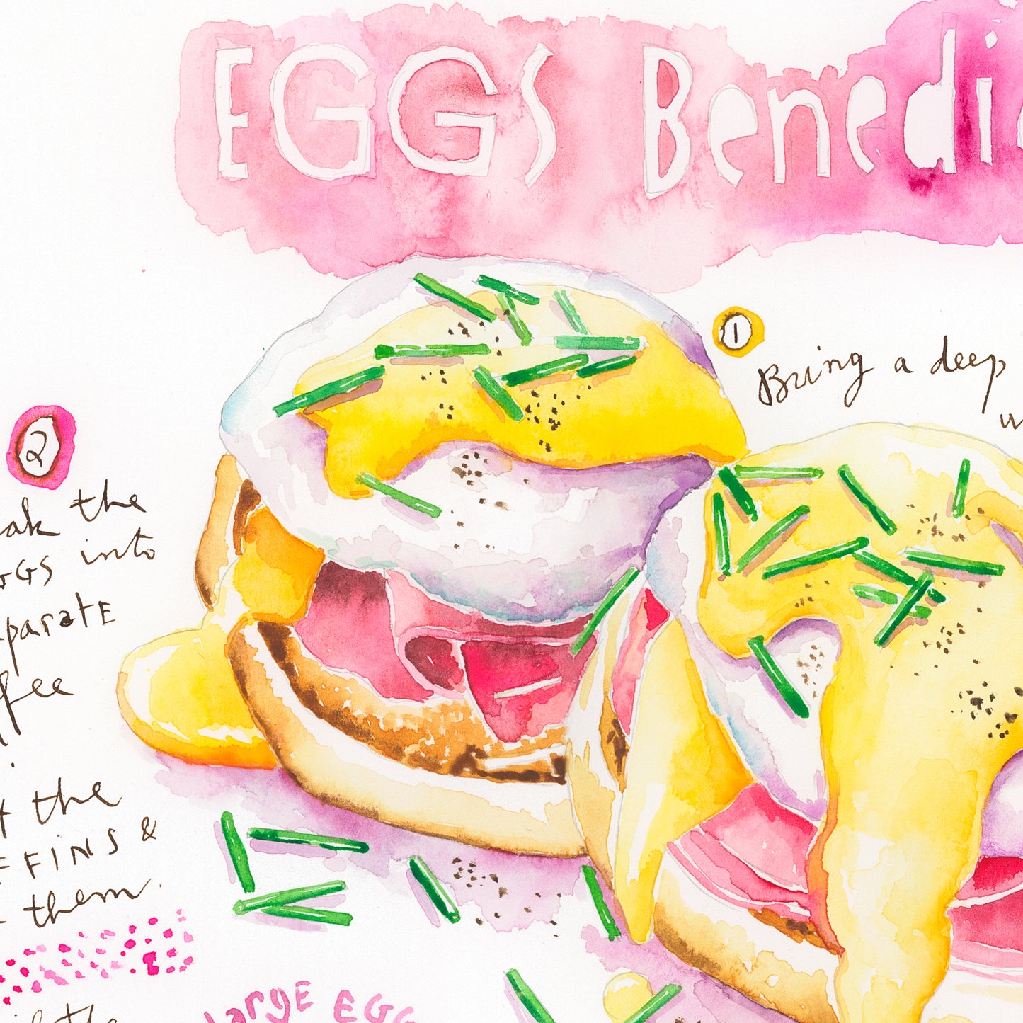 Eggs Benedict recipe. Original watercolor painting