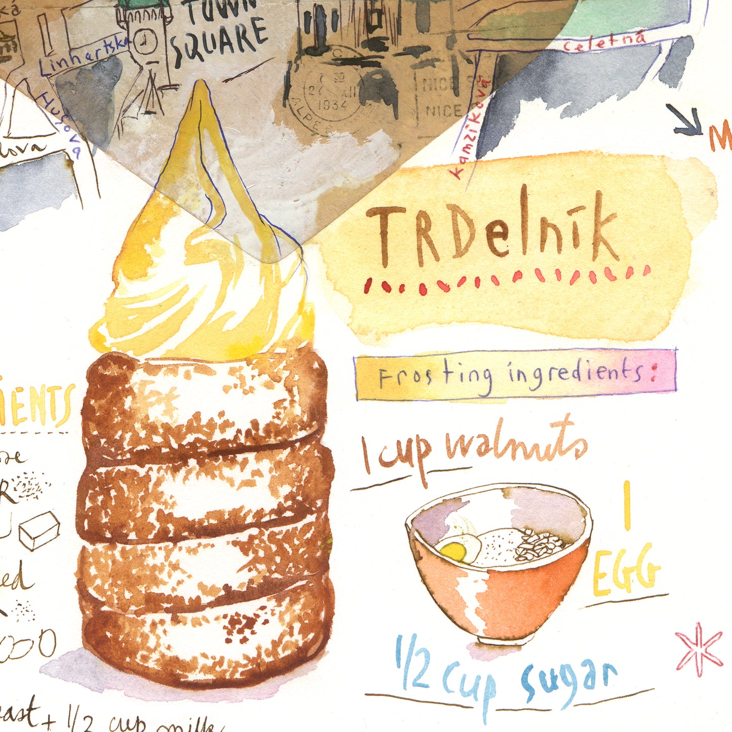 Trdelnik recipe on Prague illustrated map