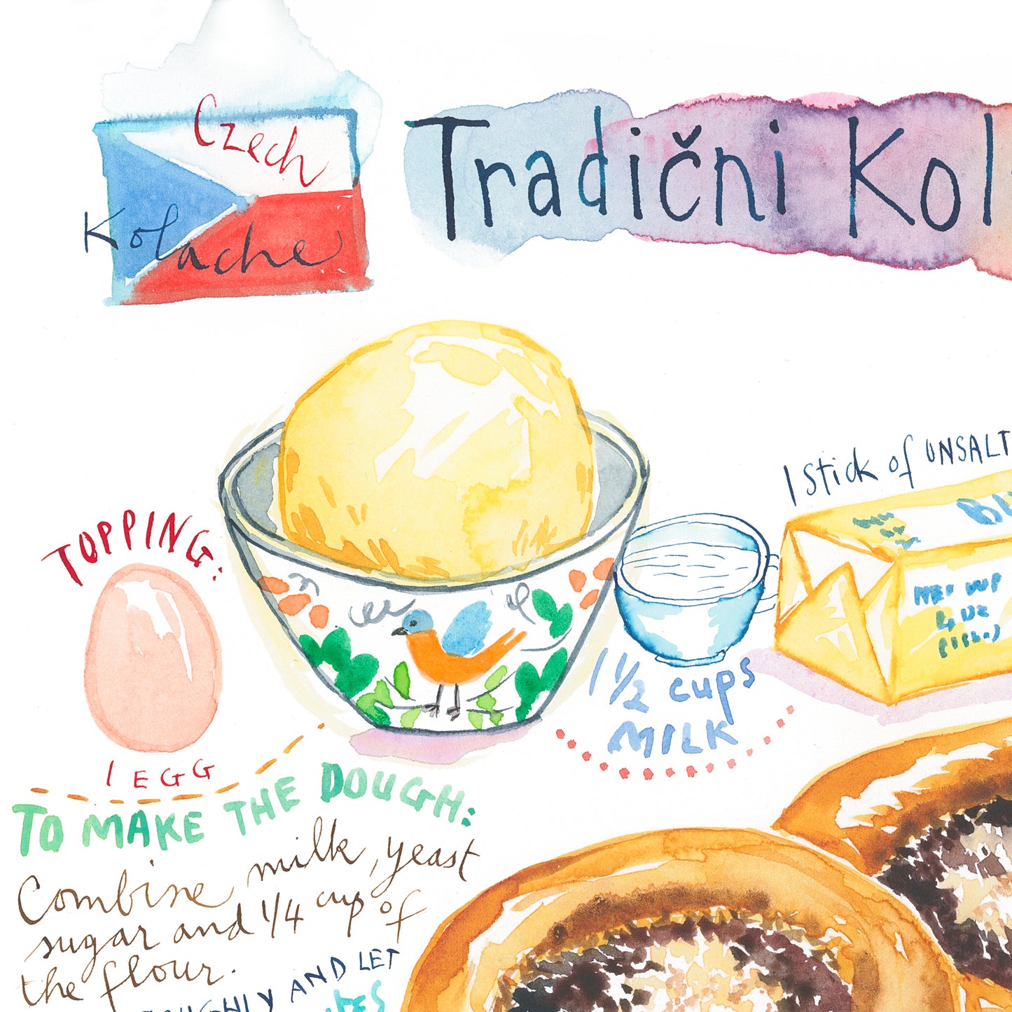 Kolache recipe. Original watercolor painting