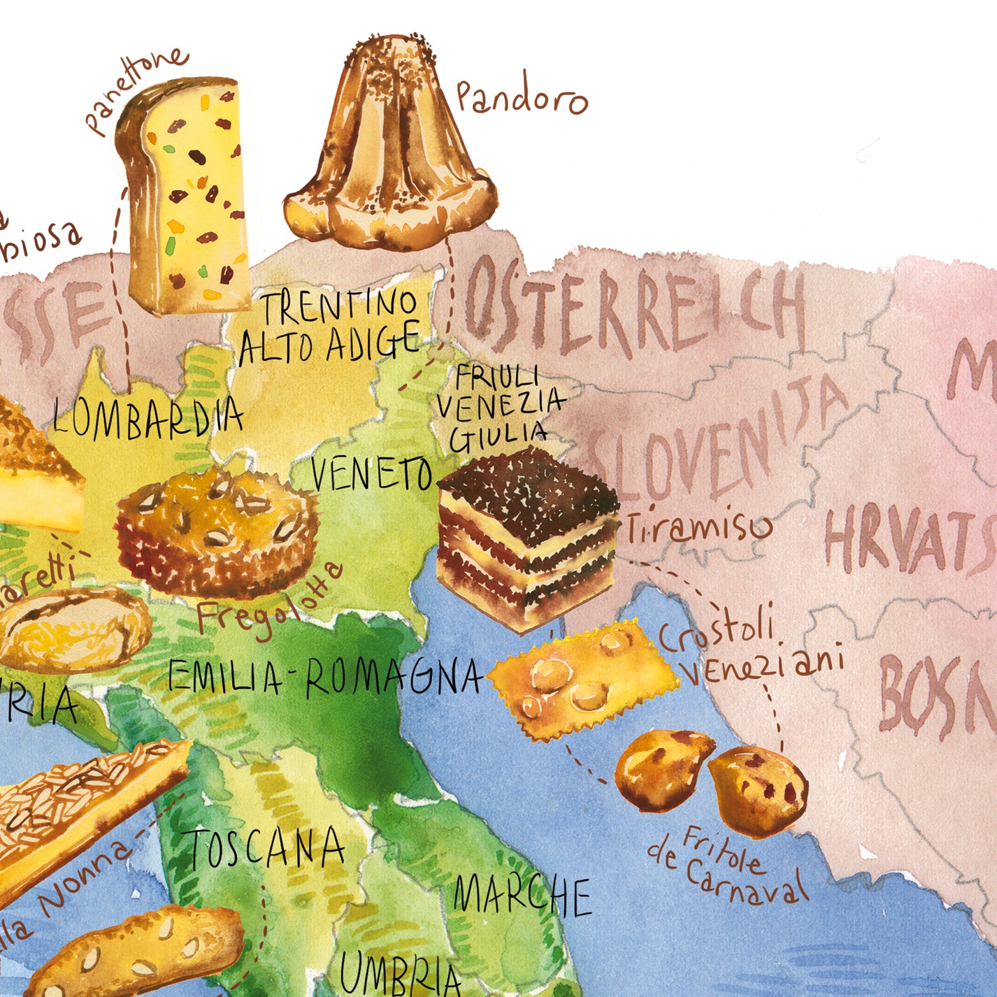Italian food map poster - Watercolor print of pastries from Italy ...