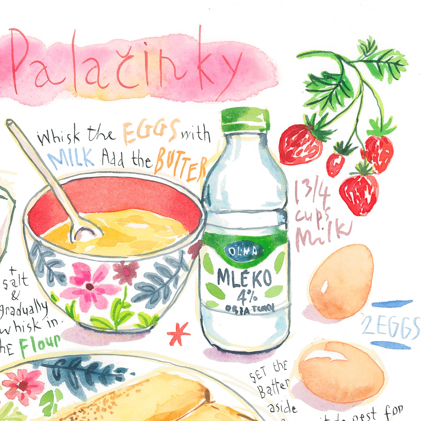Czech Palacinky recipe. Original watercolor painting