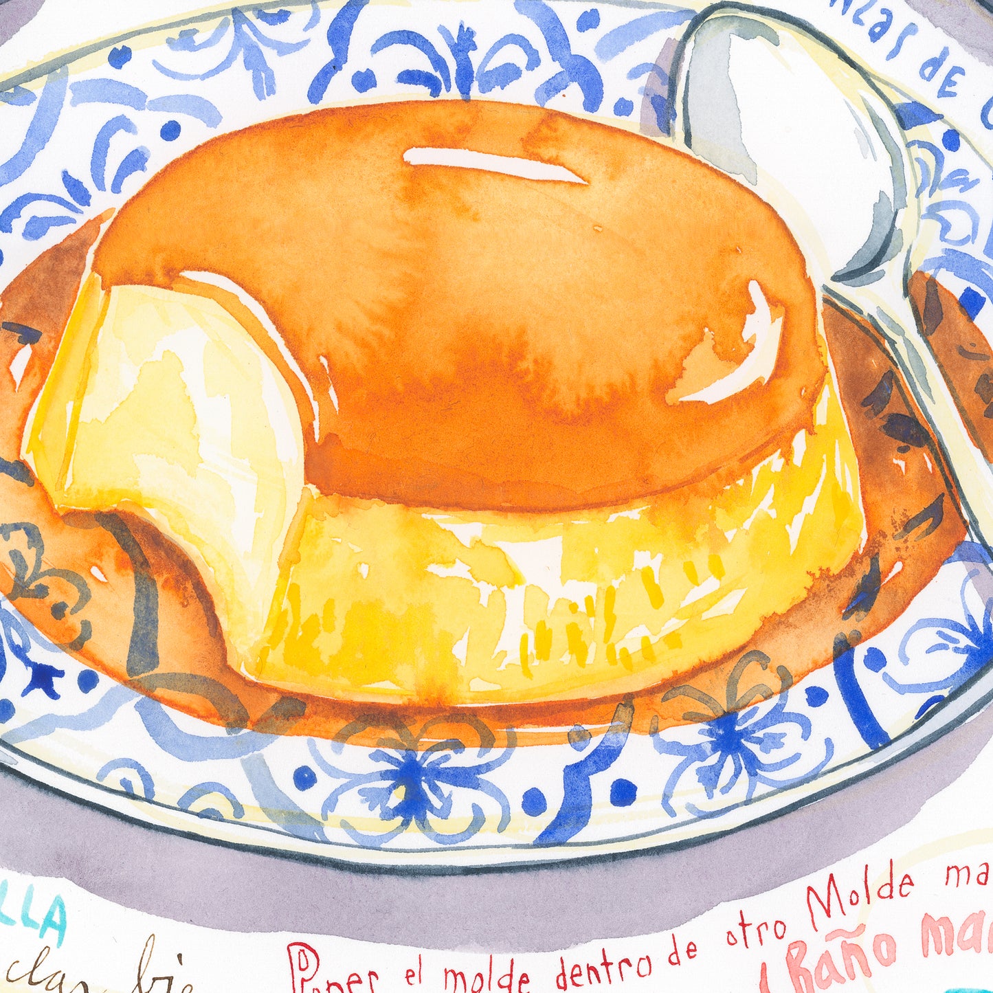 Puerto Rico Flan de Queso recipe. Original watercolor painting