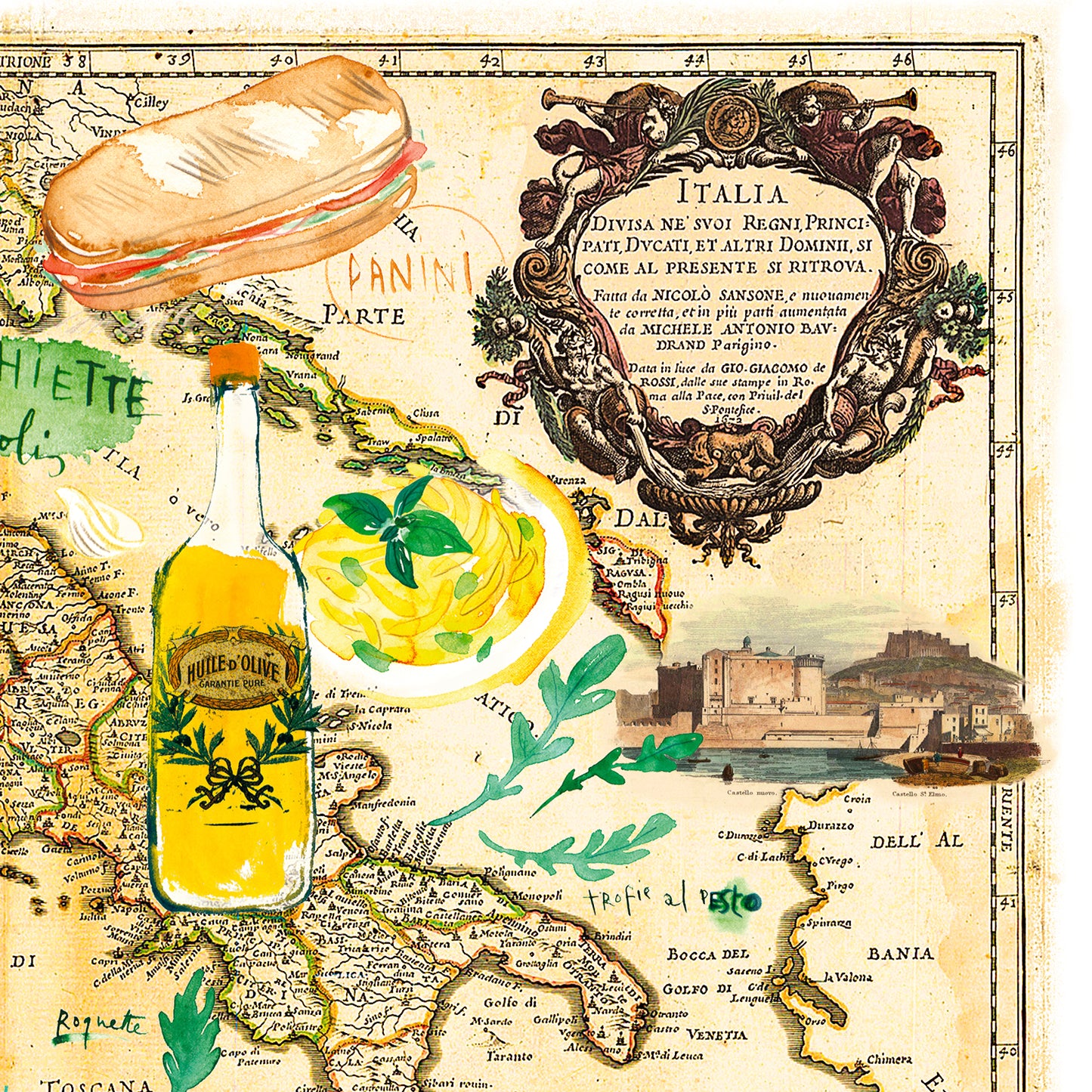 Italian food on vintage Italy map