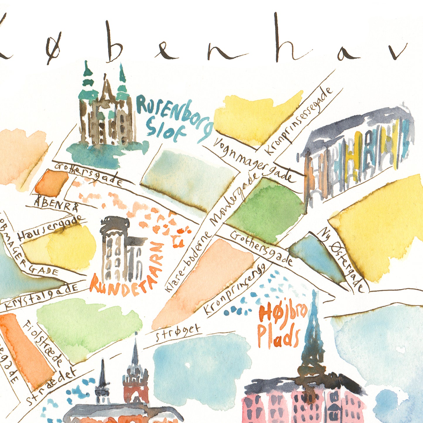 Copenhagen watercolor map with smorrebrod