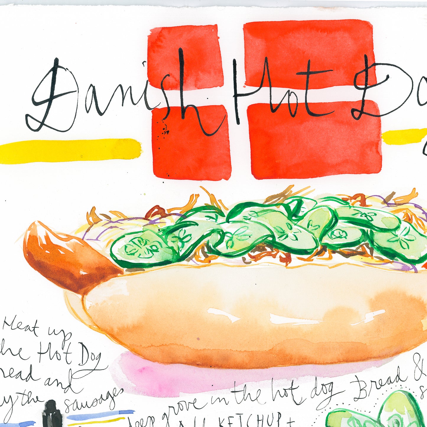 Danish Hot Dog recipe. Original watercolor painting