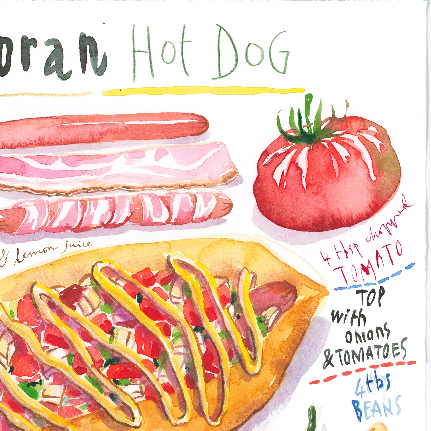 Sonoran Hot Dog recipe. Original watercolor painting