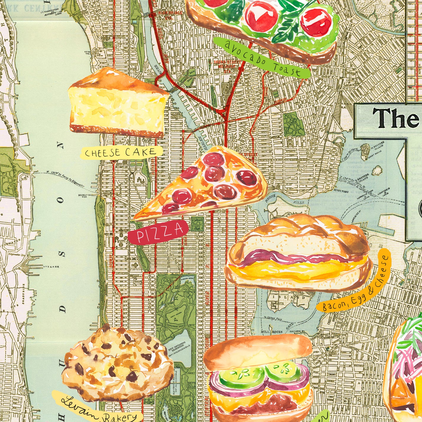 New York City Food Map illustration print, NYC illustrated poster