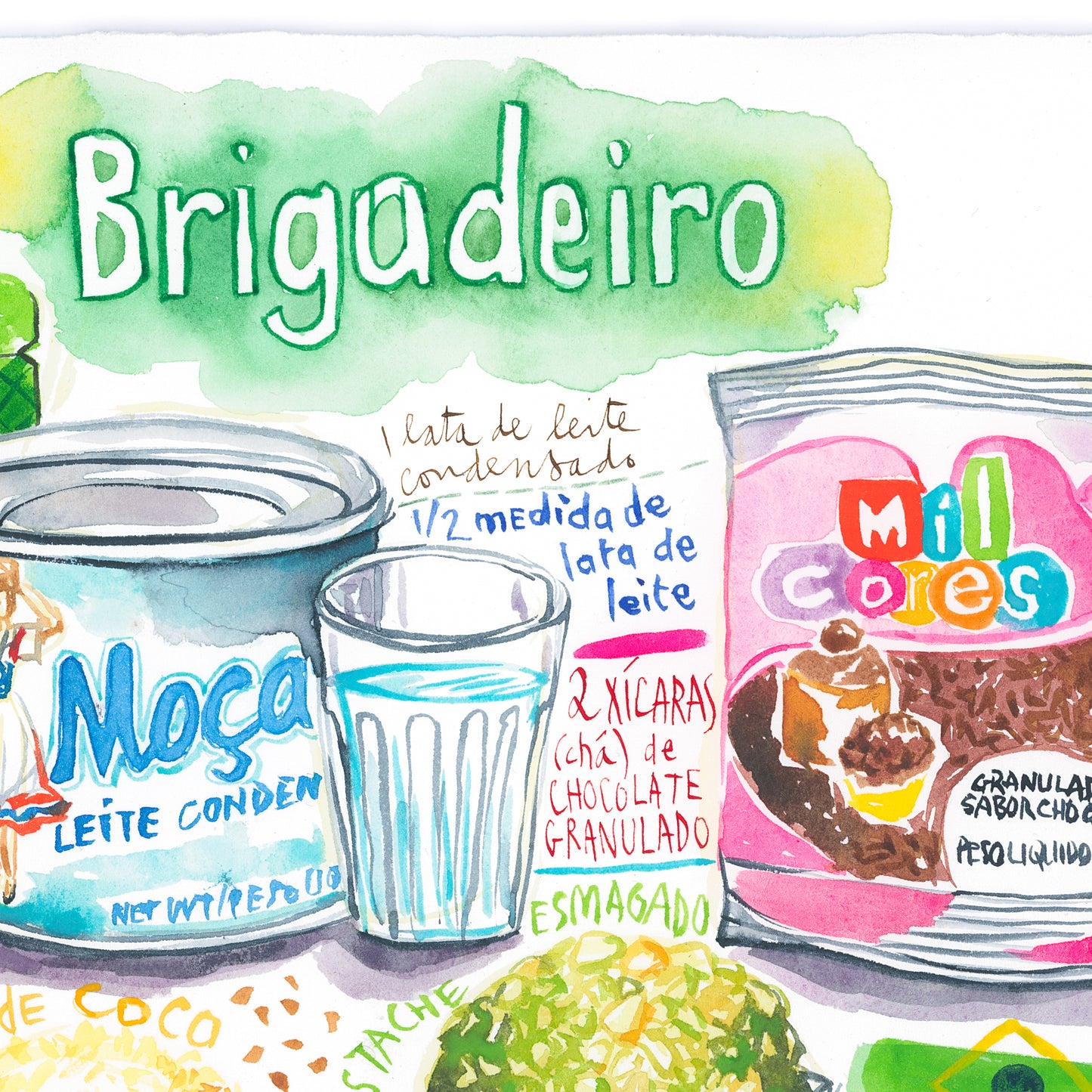 Brigadeiro recipe. Original watercolor painting