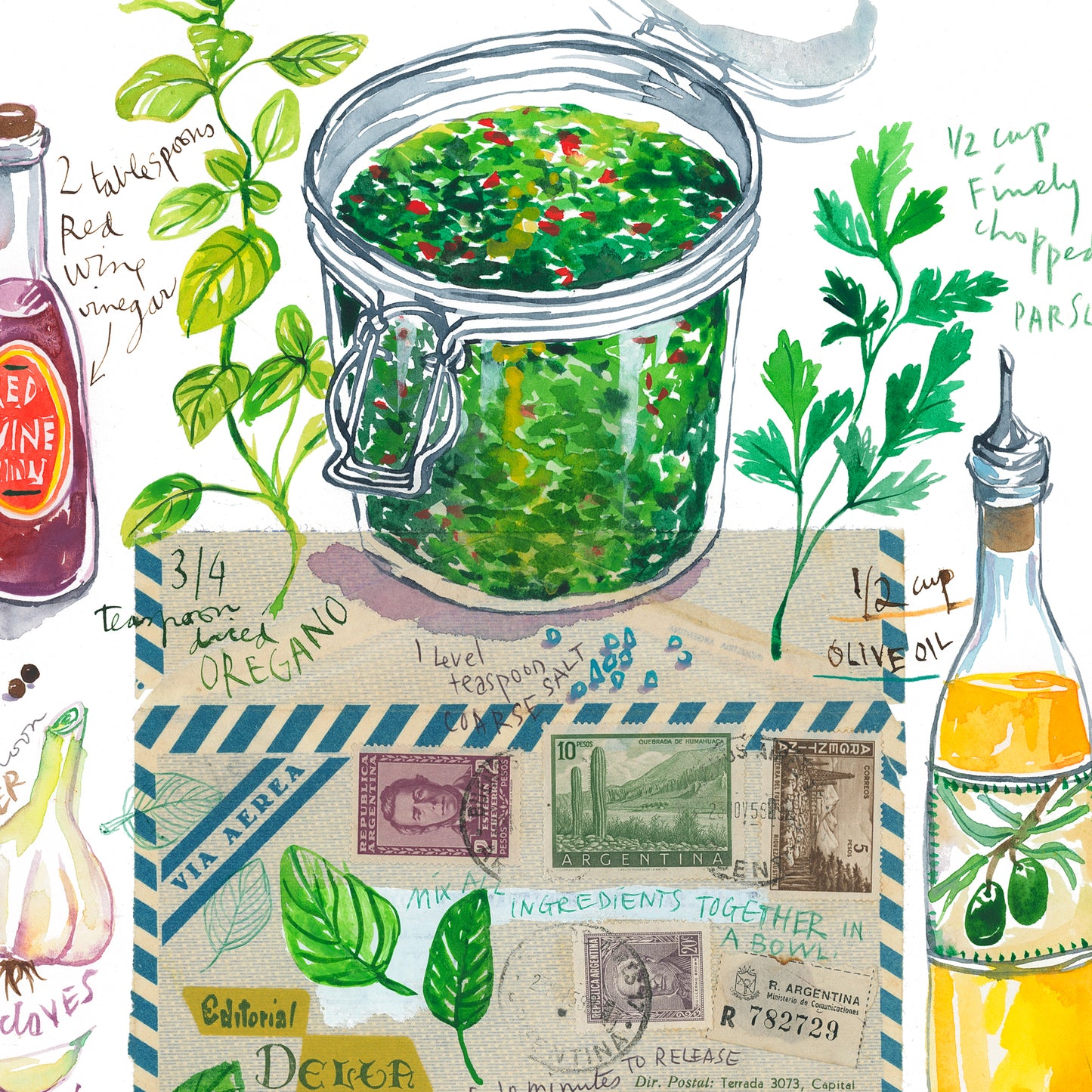 Chimichurri recipe. Original watercolor painting