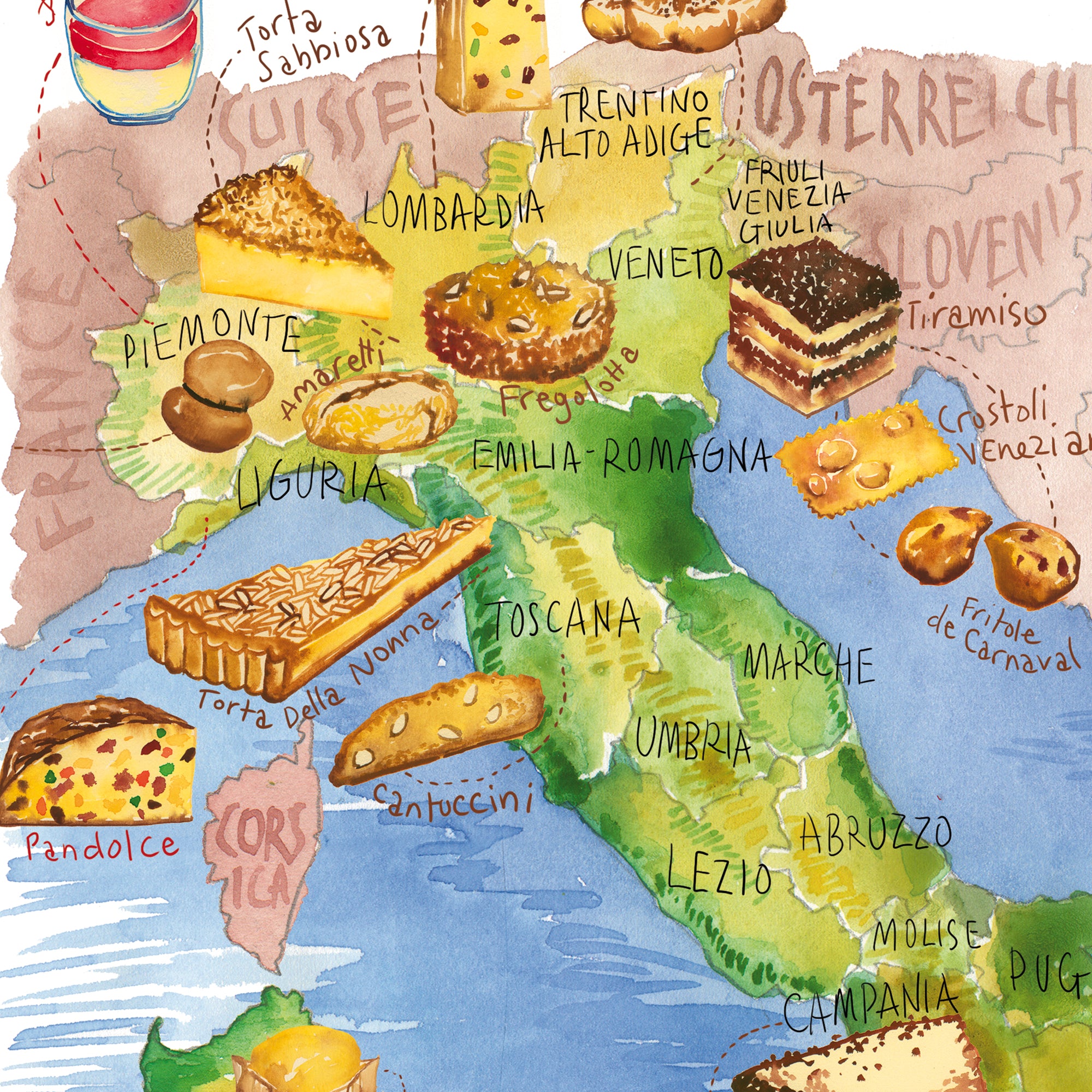 Italian Food Map Poster - Watercolor Print Of Pastries From Italy ...