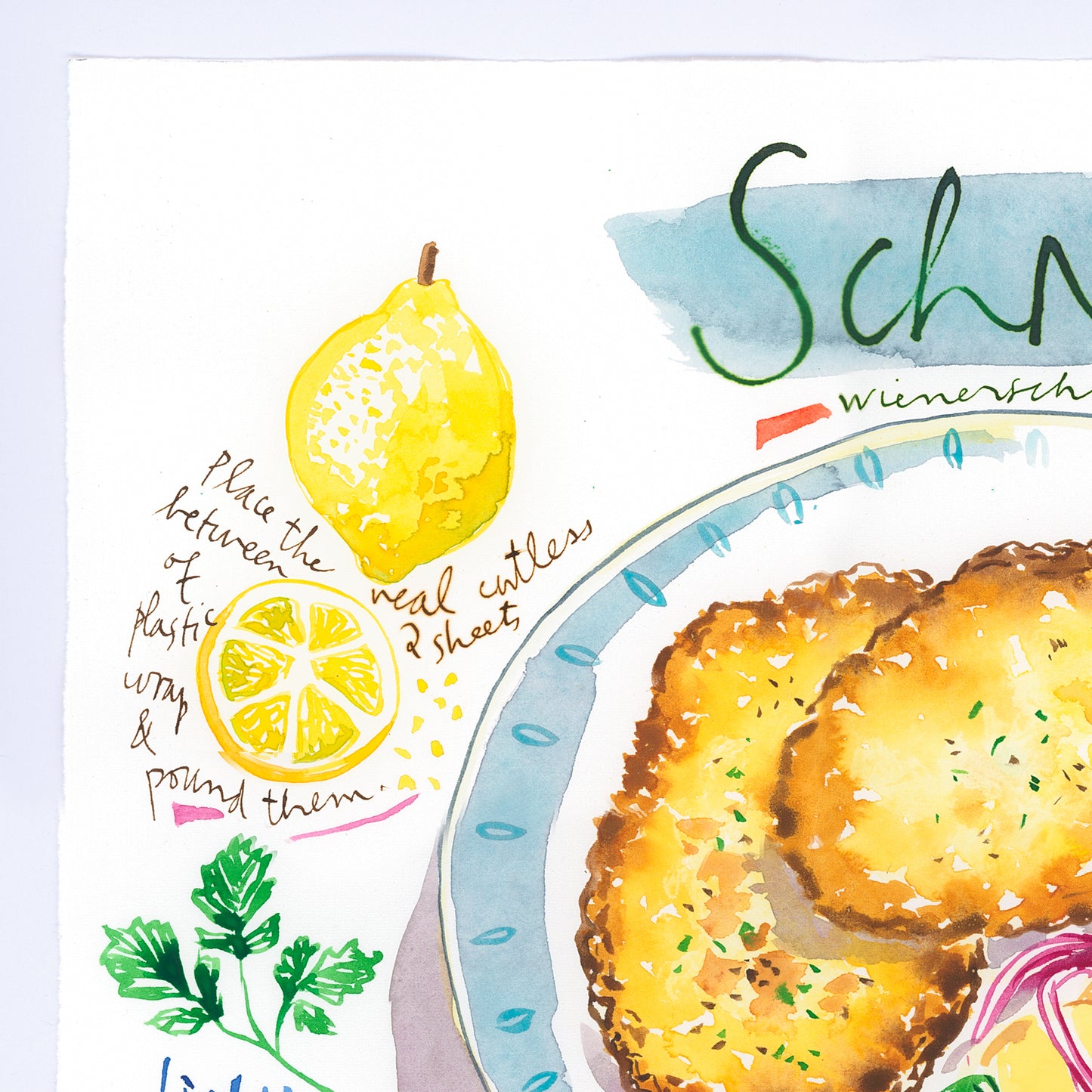 German Schnitzel recipe. Original watercolor painting