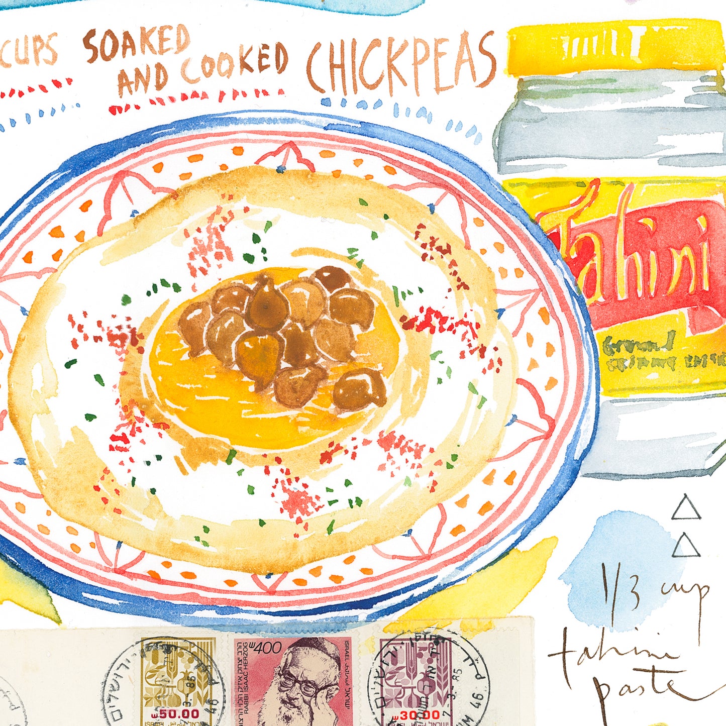 Hummus recipe - Original watercolor painting