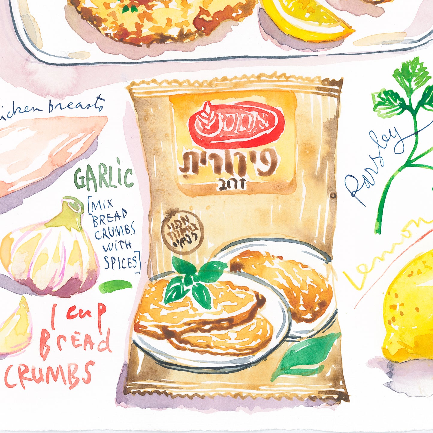 Israeli Schnitzel recipe. Original watercolor painting