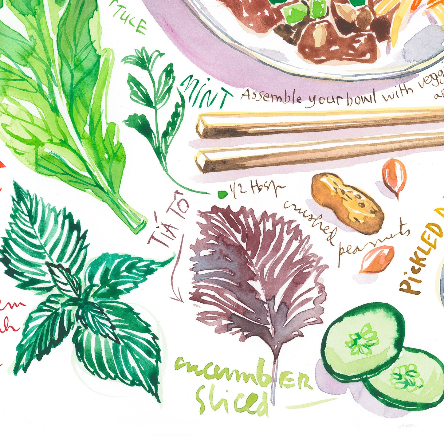 Vietnamese Rice Noodle Bowl recipe. Original watercolor painting