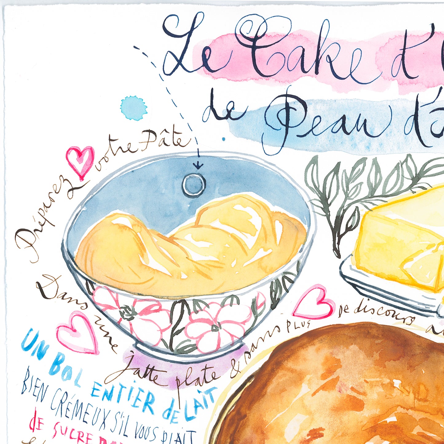 La recette du Cake d'Amour de Peau d'Âne. Original watercolor painting