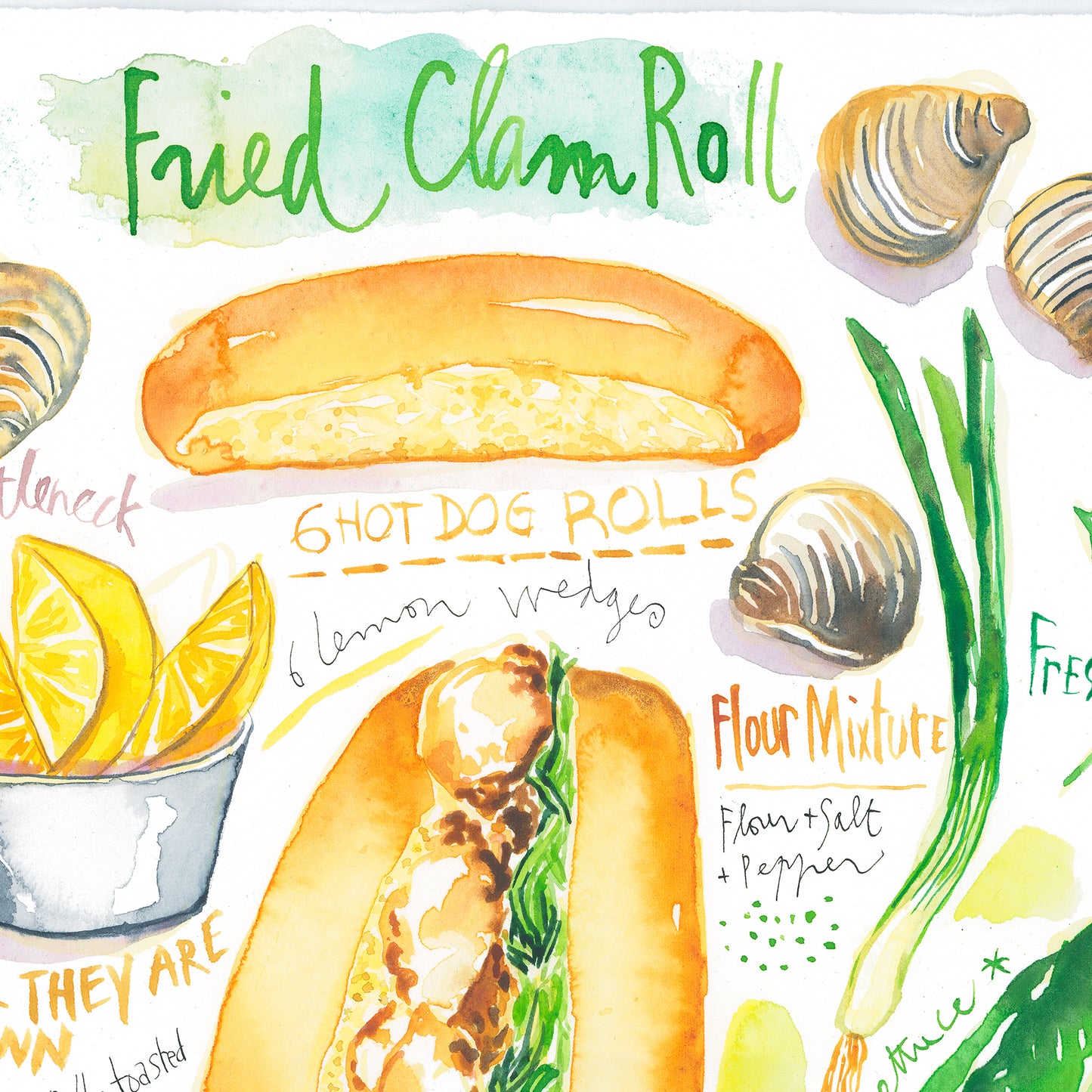 Fried Clam Roll recipe. Original watercolor painting