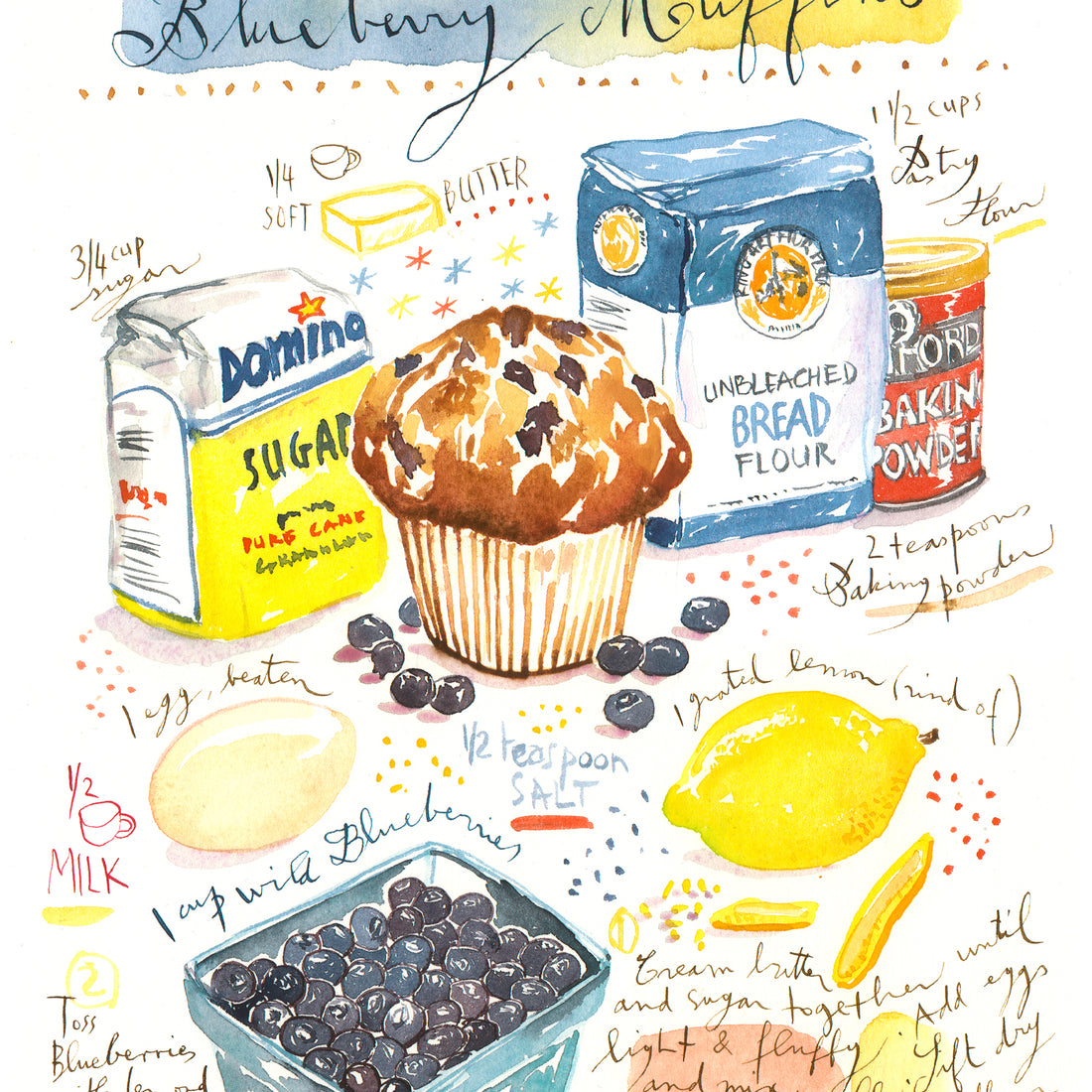 Blueberry muffin recipe art print Watercolor poster Cake illustration ...