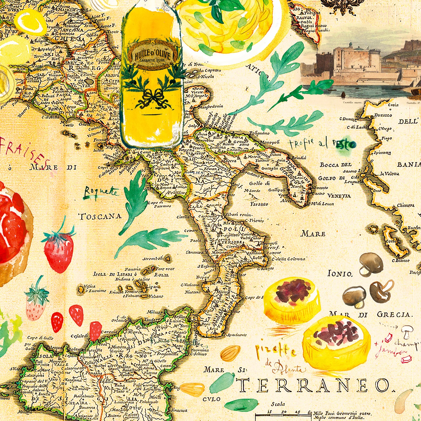 Italian food on vintage Italy map