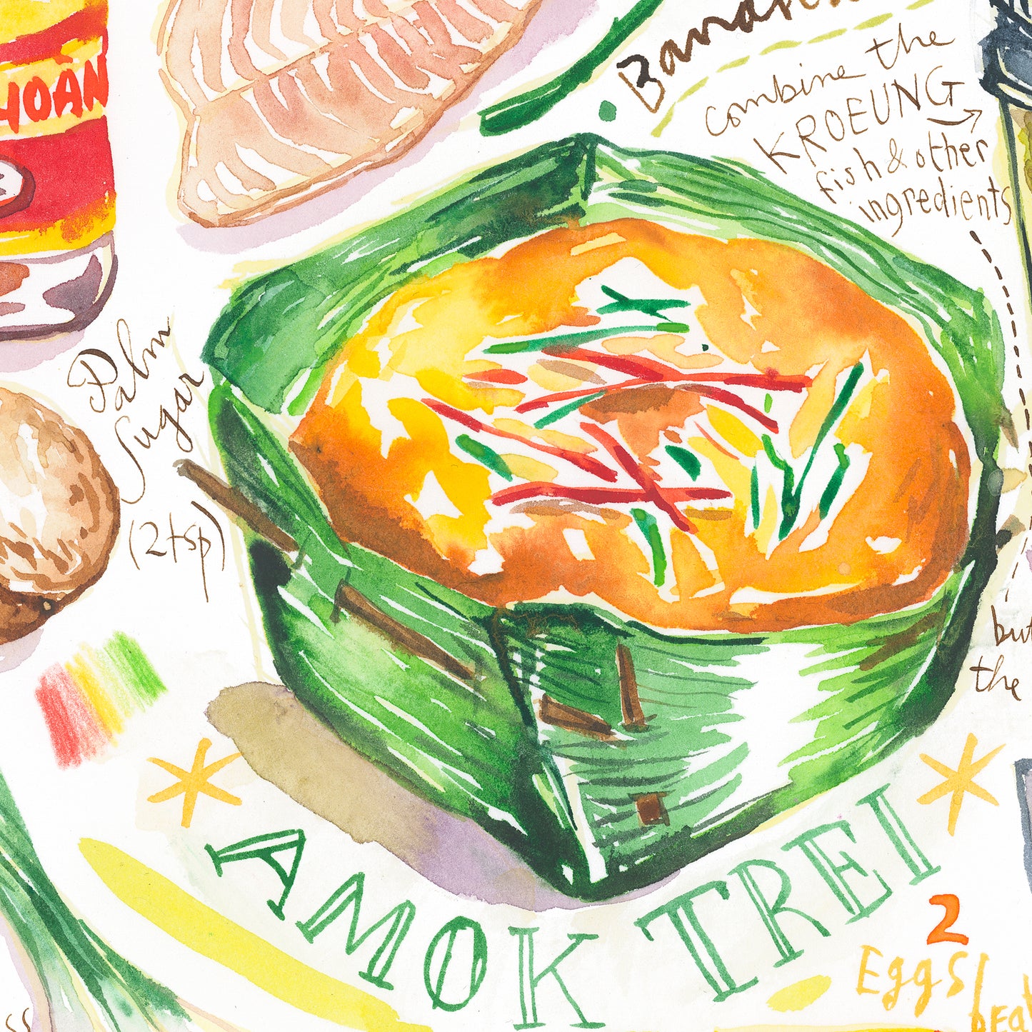 Fish Amok recipe. Original watercolor painting