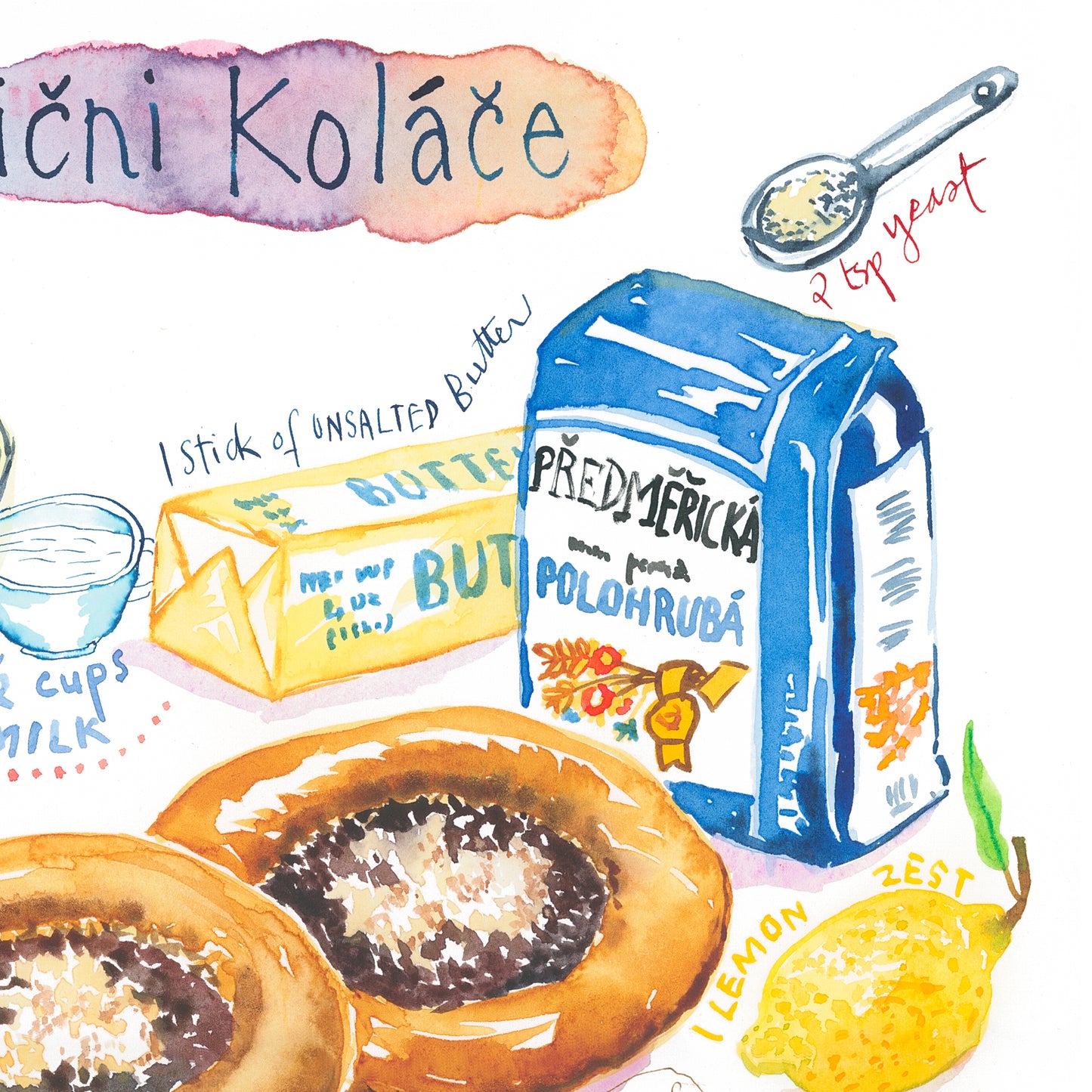 Kolache recipe. Original watercolor painting