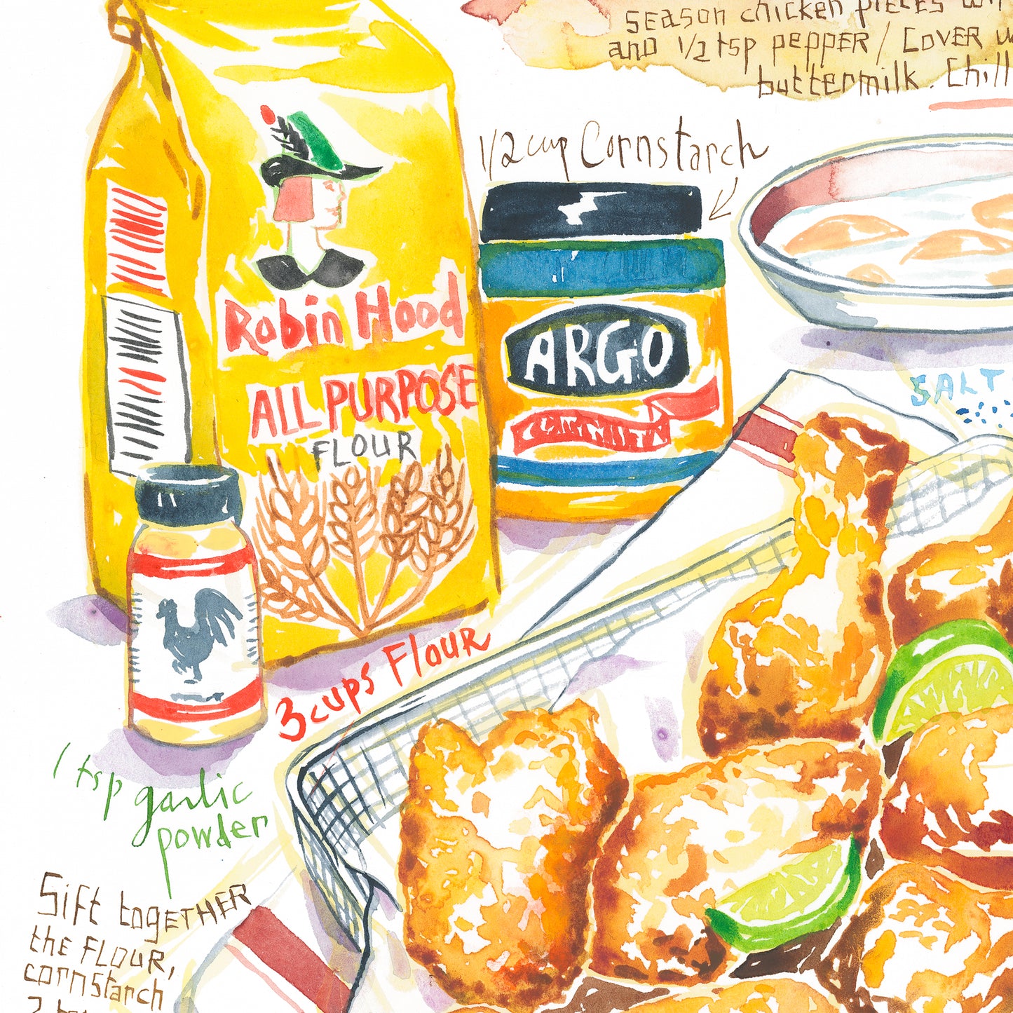Fried Chicken recipe. Original watercolor painting