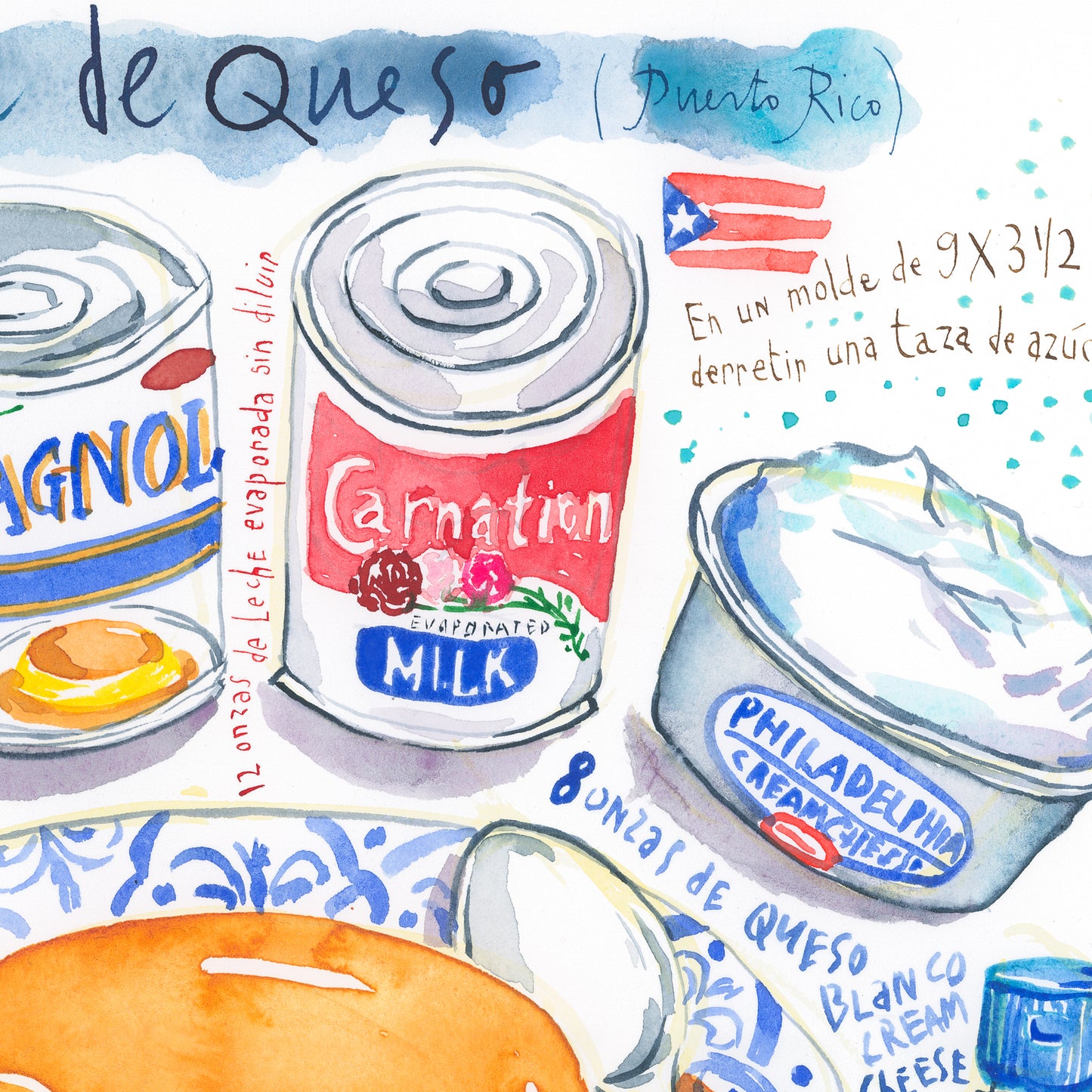 Puerto Rico Flan de Queso recipe. Original watercolor painting