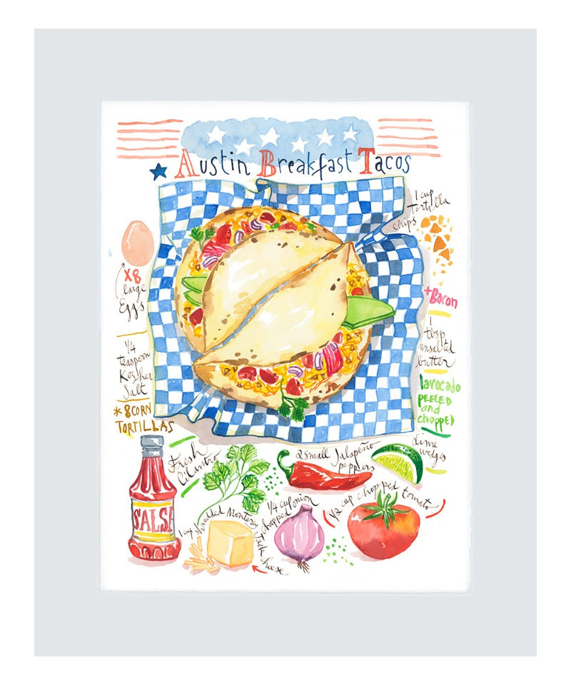 Austin Breakfast Tacos recipe. Original watercolor painting