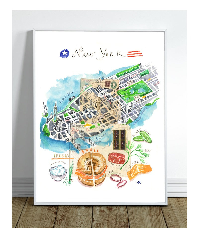 Manhattan watercolor map with bagel recipe