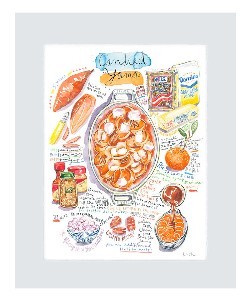 Candied Yams recipe. Original watercolor painting