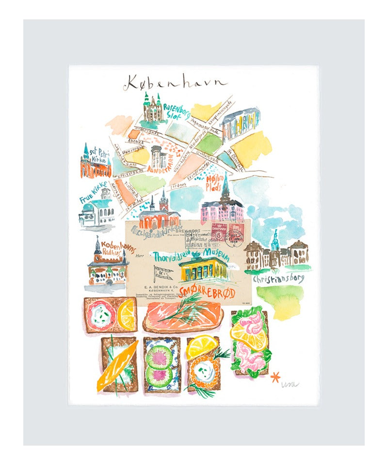 Copenhagen illustrated map with Smorrebrod. Original watercolor painting