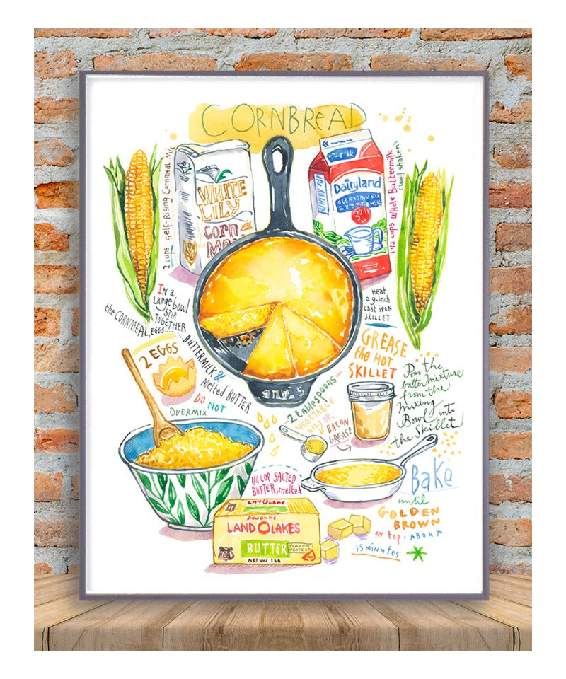 This poster features a stunning watercolor hand-drawn illustration of a golden brown, freshly baked cornbread as well as its recipe. The bread is depicted in all its mouth-watering glory, with its slightly crumbly texture and lightly crisp crust. You can almost smell the sweet aroma of cornmeal and buttermilk wafting from this recipe poster!
