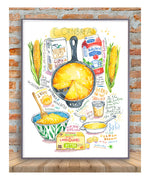 This poster features a stunning watercolor hand-drawn illustration of a golden brown, freshly baked cornbread as well as its recipe. The bread is depicted in all its mouth-watering glory, with its slightly crumbly texture and lightly crisp crust. You can almost smell the sweet aroma of cornmeal and buttermilk wafting from this recipe poster!