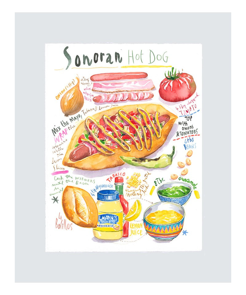 Sonoran Hot Dog recipe. Original watercolor painting